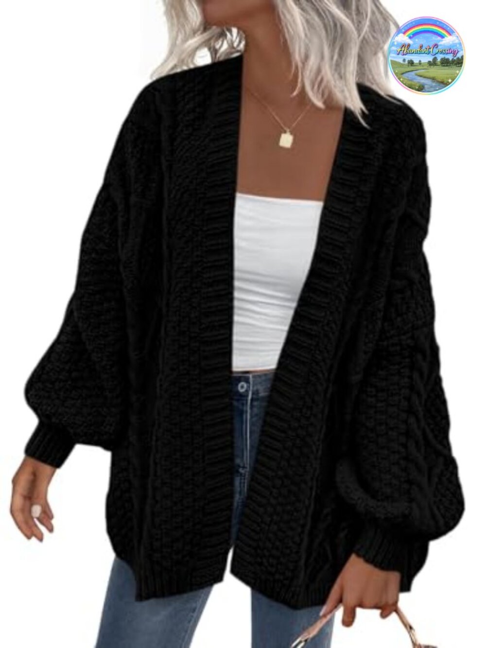 Cable Knit Open Front Chunky Cardigan Lantern Sleeve Oversized Sweater